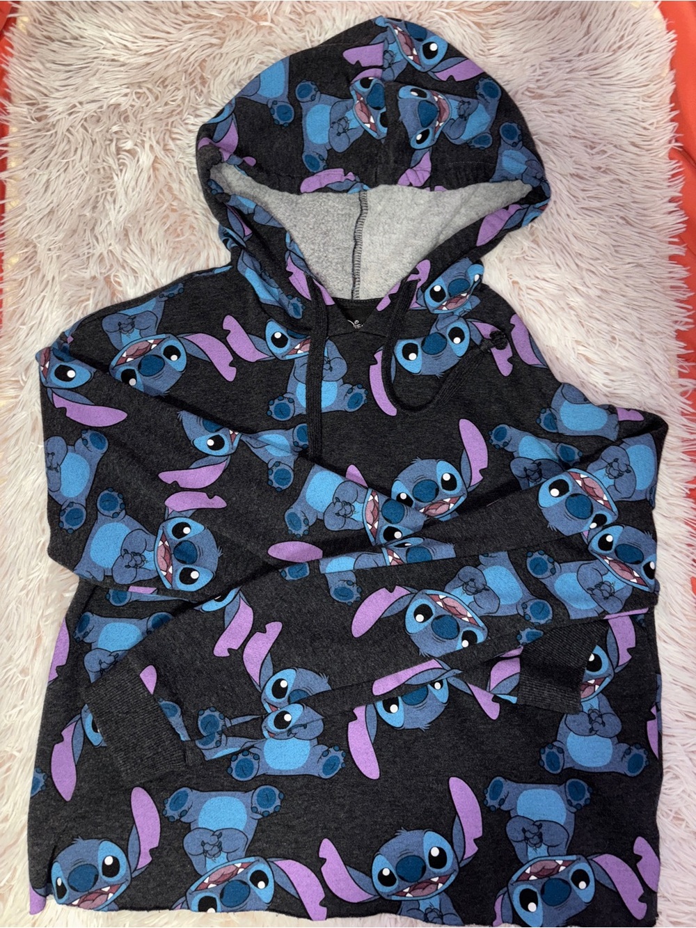 Disney Dark Gray Hoodie with Blue and Purple Stitch Print